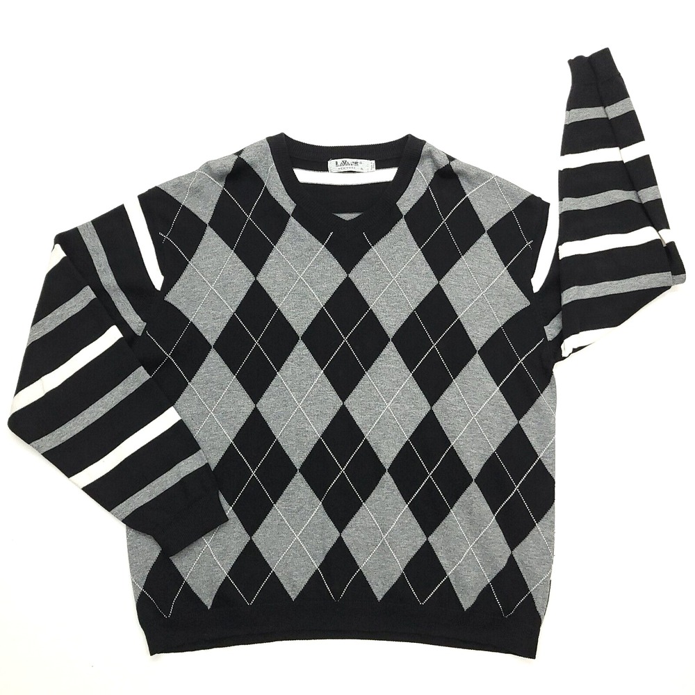 Vintage Sweater Men XL Black Gray Argyle Striped Cotton V-Neck Golf Lavane